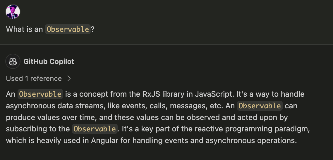 Copilot summarises what an Observable is within the RxJS JavaScript library.