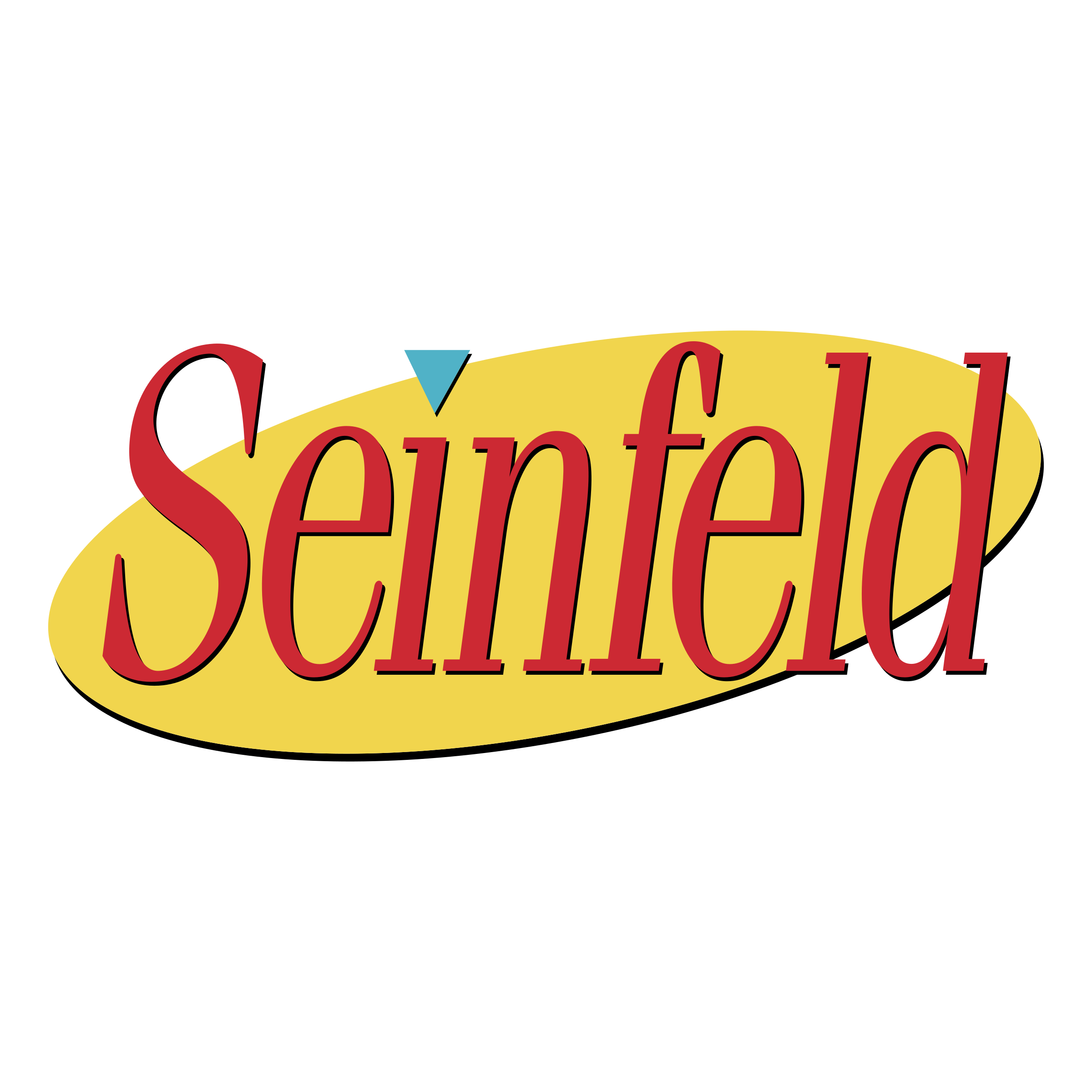The logo for Seinfeld, which features similar geometric qualities including a teal triangle as the dot on top of the 'i'. 