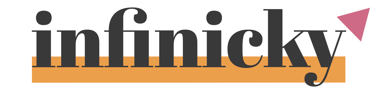 A logo displaying the word 'Infinicky' in a bold serif typeface, with a bold fulvous underline and blush coloured, angled triangle at the end.